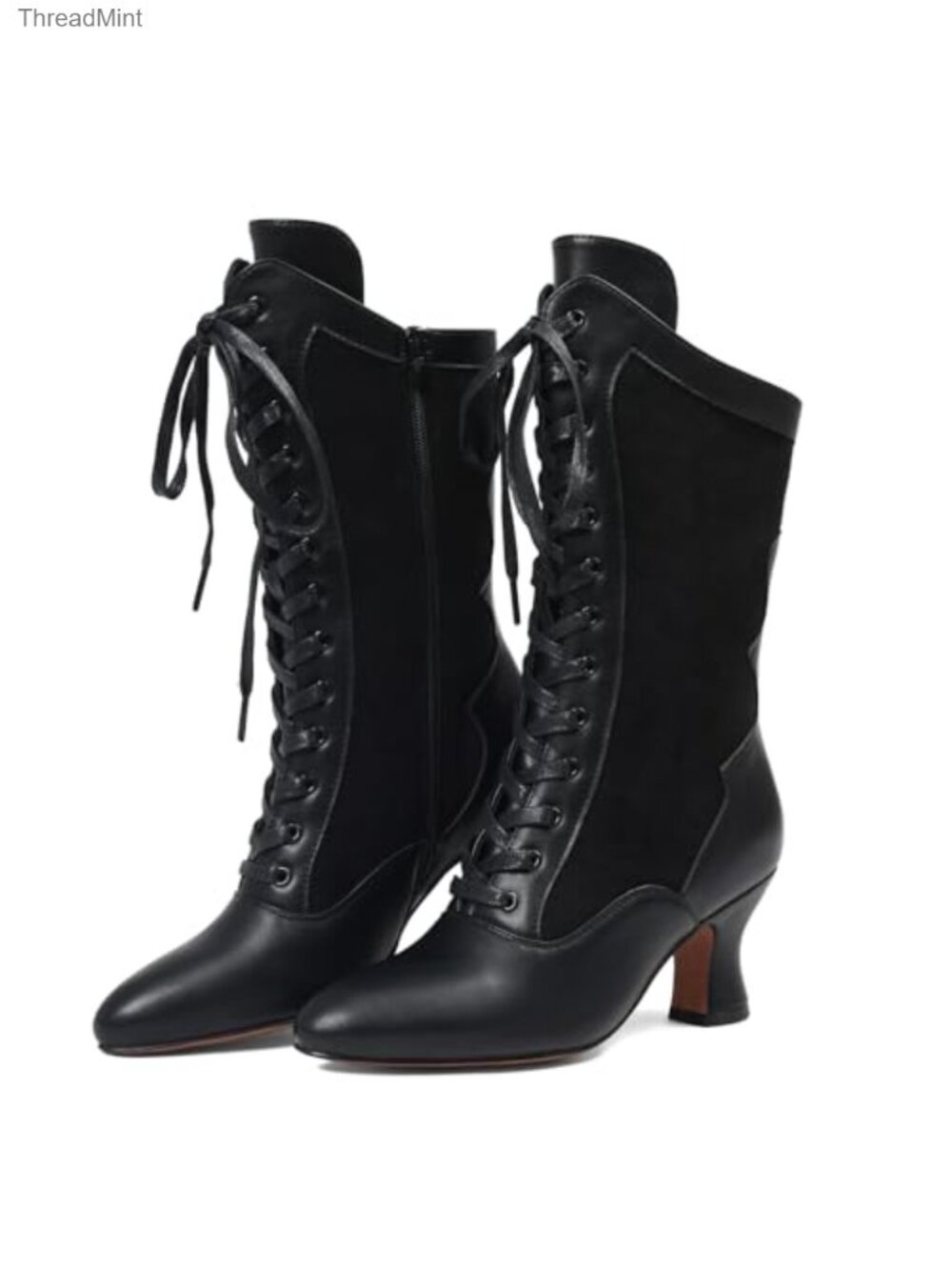 Witch Mid Calf Lace Up Boots Women Victorian Block Heel Zip Cosplay